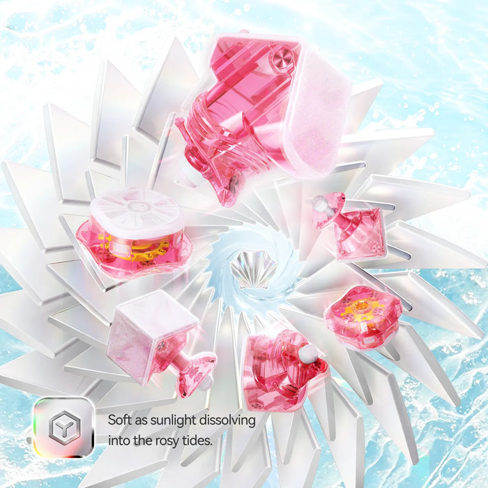 Pink transparent speed cube components swirling in icy water, showcasing internal mechanisms and smooth design