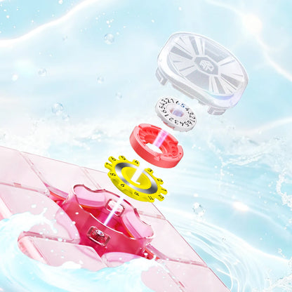 Pink smart speedcube with internal gears and numbered dials, shown in water splash effect