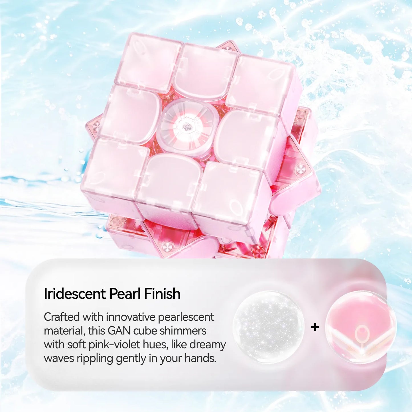 Pink iridescent pearl finish speed cube with soft pink-violet hues, shimmering against water splash background