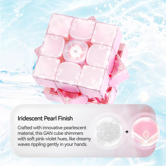 Pink iridescent pearl finish speed cube with soft pink-violet hues, shimmering against water splash background