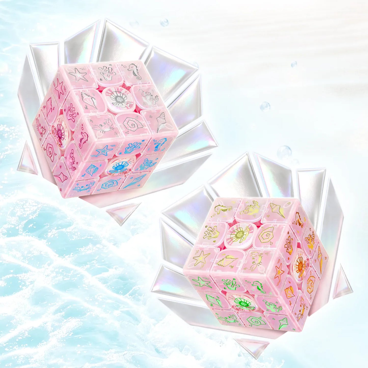 Pink sea-themed speed cubes with starfish, shells, and seahorses on a sparkling ocean background