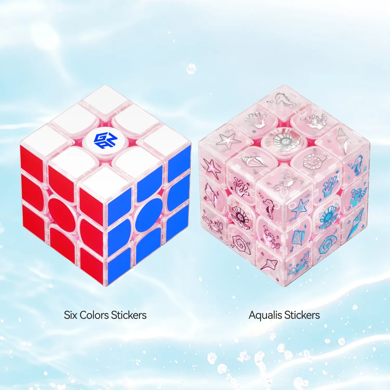 Two speed cubes with Six Colors and Aqualis stickers, featuring vibrant designs and underwater-themed patterns.