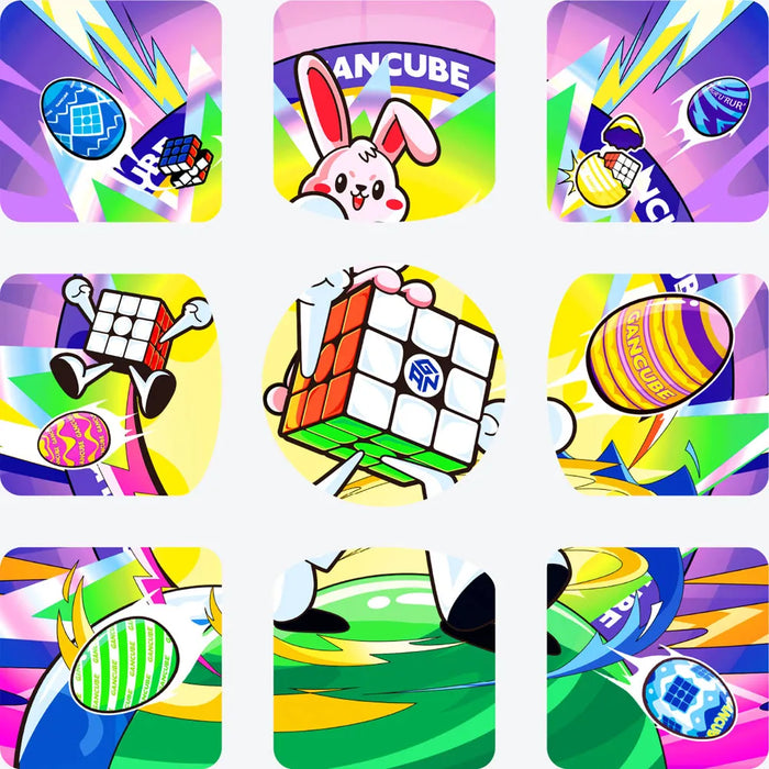 Colorful GANCUBE speed cube icons with Easter eggs, bunnies, and dynamic designs for puzzle lovers