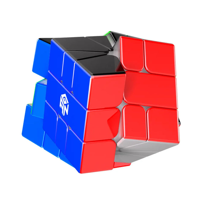 GAN speed cube with red, blue, and black panels, showcasing smooth mechanism and magnetic design for fast solving