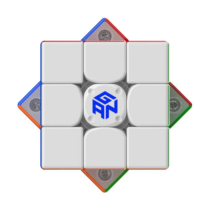 GAN speed cube with blue logo, white face, and colorful edges for puzzle solving