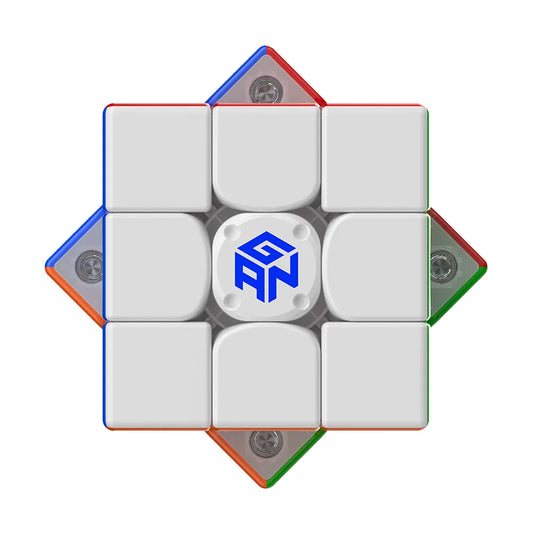 GAN speed cube with blue logo, white face, and colorful edges for puzzle solving