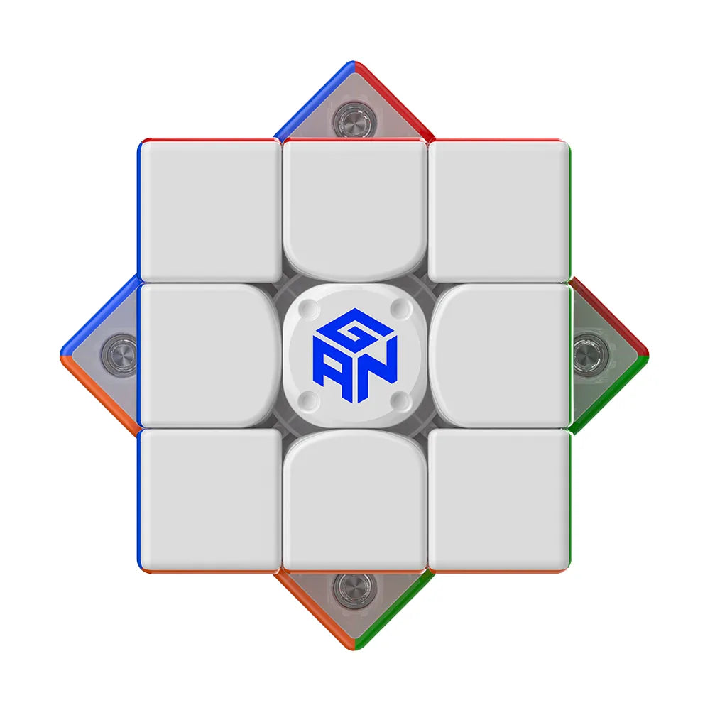 GAN speed cube with blue logo, white face, and colorful edges for puzzle solving