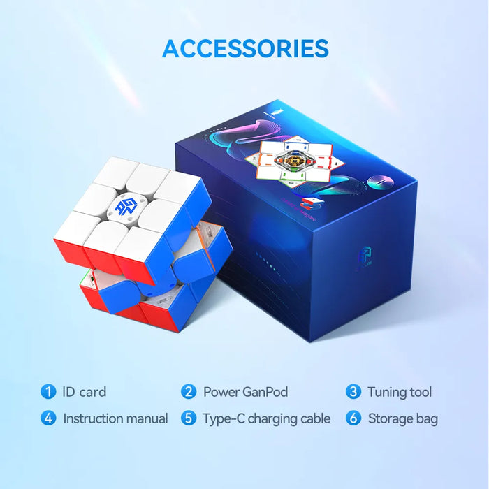 Smart speed cube with accessories: ID card, charging cable, tuning tool, manual, and storage bag