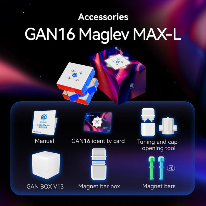 GAN16 Maglev MAX-L speed cube accessories including manual, identity card, tuning tool, GAN BOX V13, magnet bars