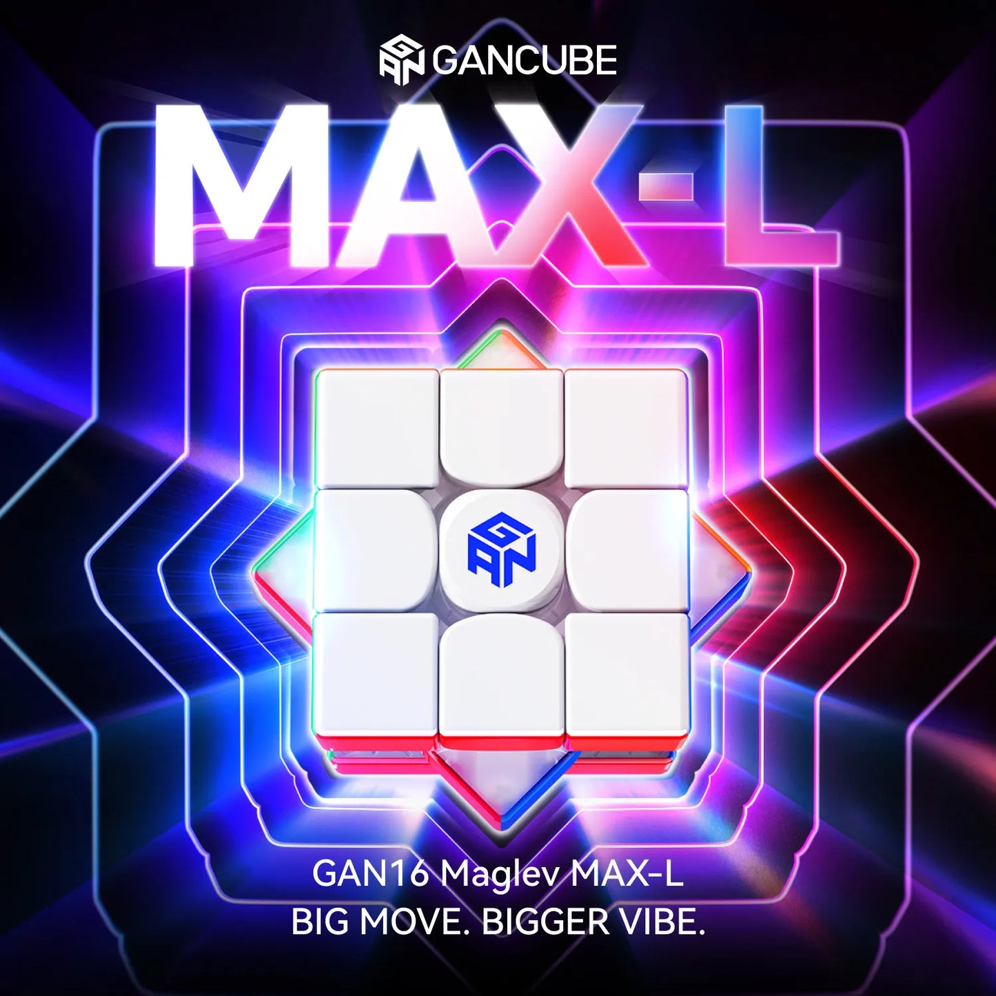 GAN16 Maglev MAX-L speed cube with vibrant neon lights and futuristic design