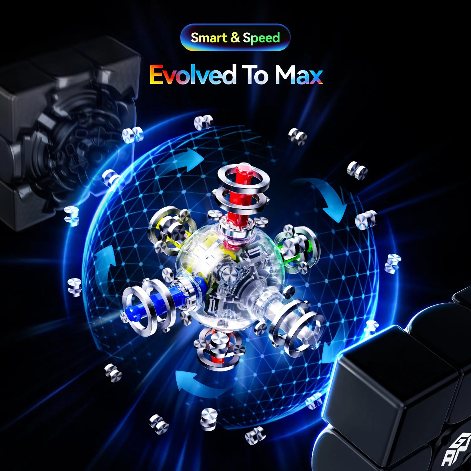Smart & Speed Evolved To Max: advanced speedcube mechanism with magnetic core and glowing blue tech design