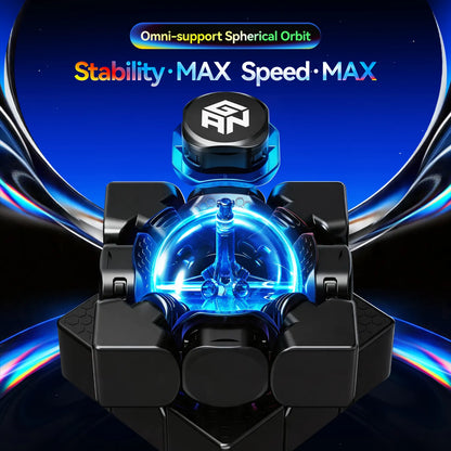 GAN speed cube core with omni-support spherical orbit, max stability and speed, glowing blue mechanism