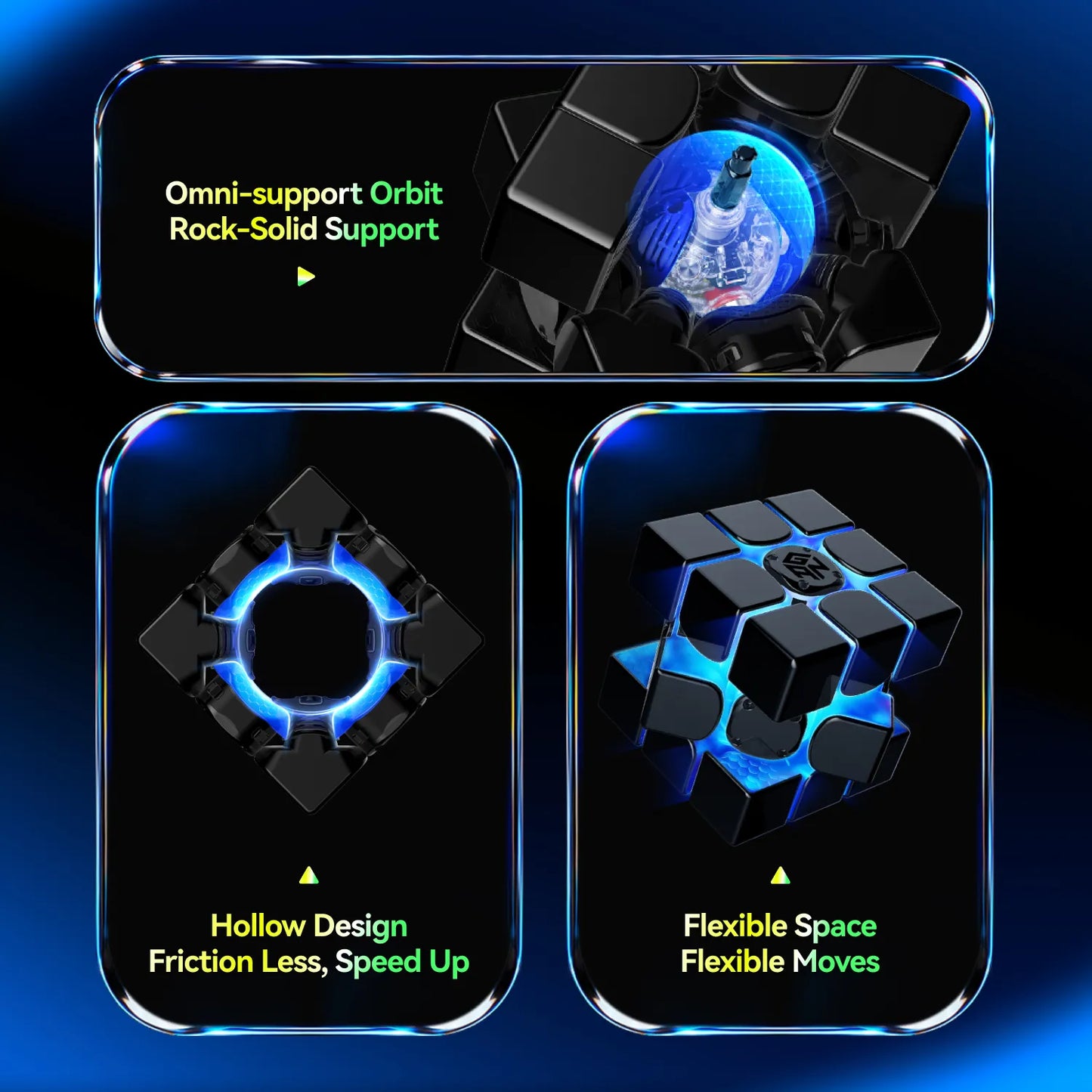 Smart speed cube with omni-support orbit, hollow design for less friction, and flexible space for smooth moves