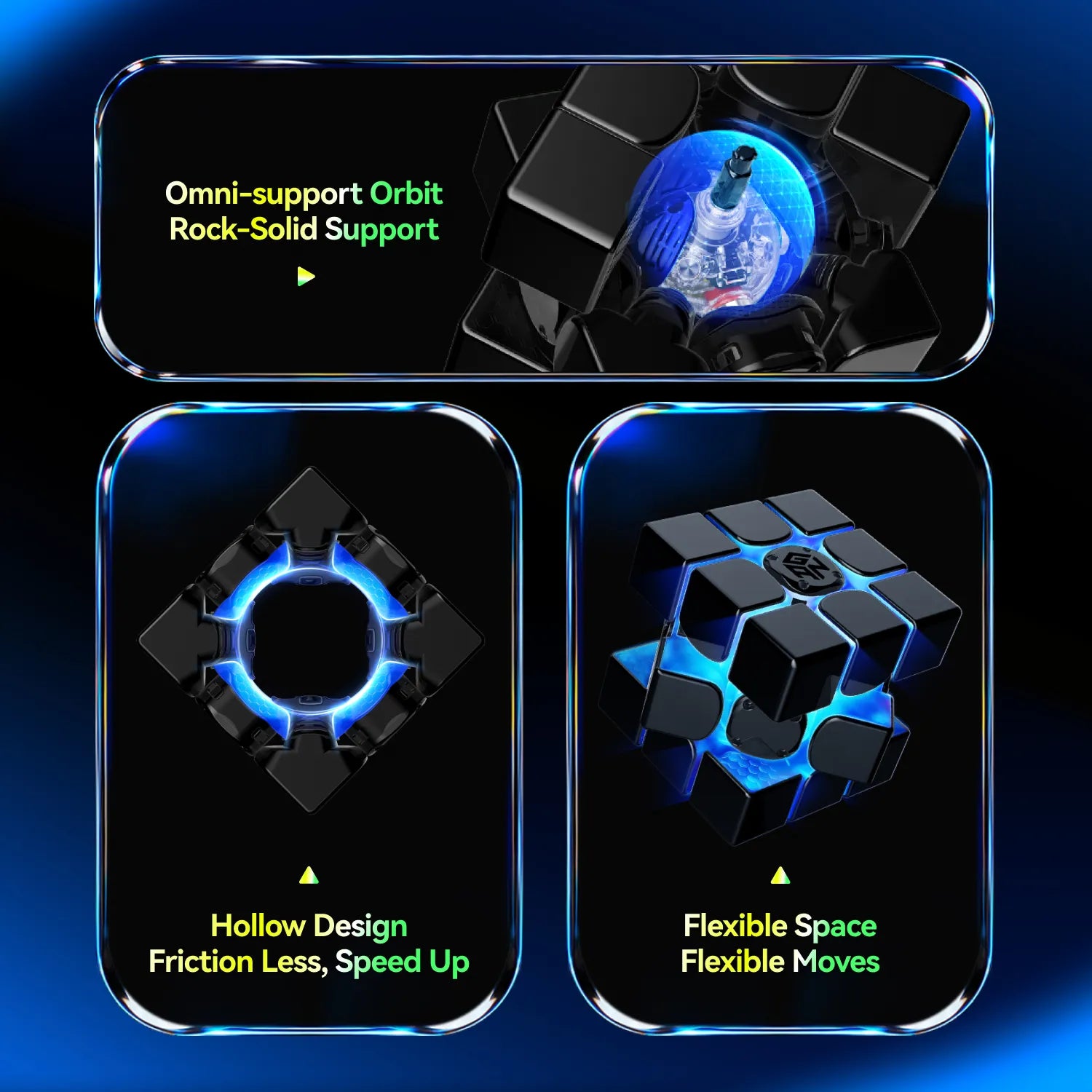 Smart speed cube with omni-support orbit, hollow design for less friction, and flexible space for smooth moves