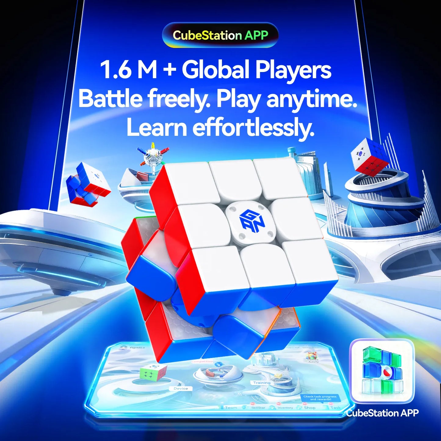 Smart speed cube with CubeStation APP interface, featuring global player battles and effortless learning tools