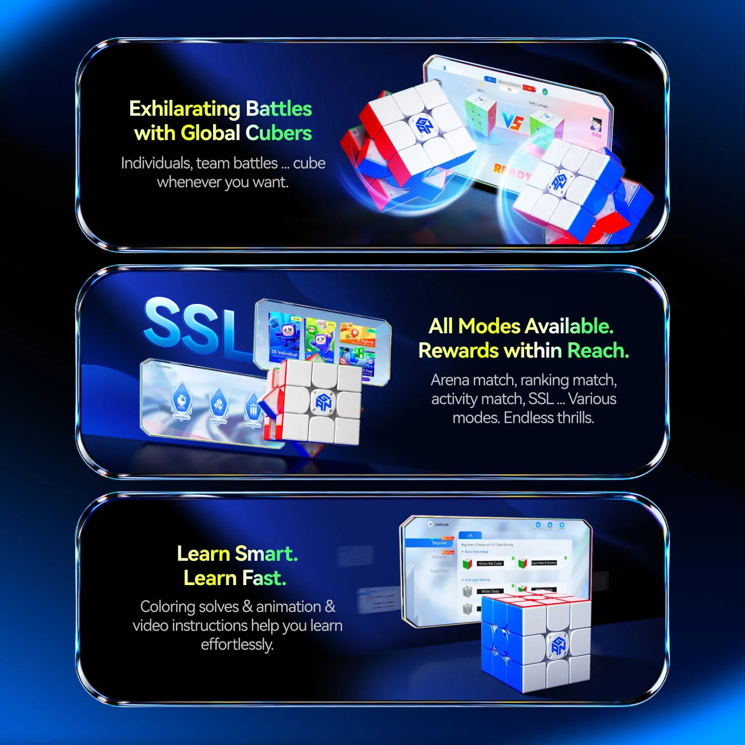Smart speed cube with app battles, SSL modes, and learning tutorials for fast solving