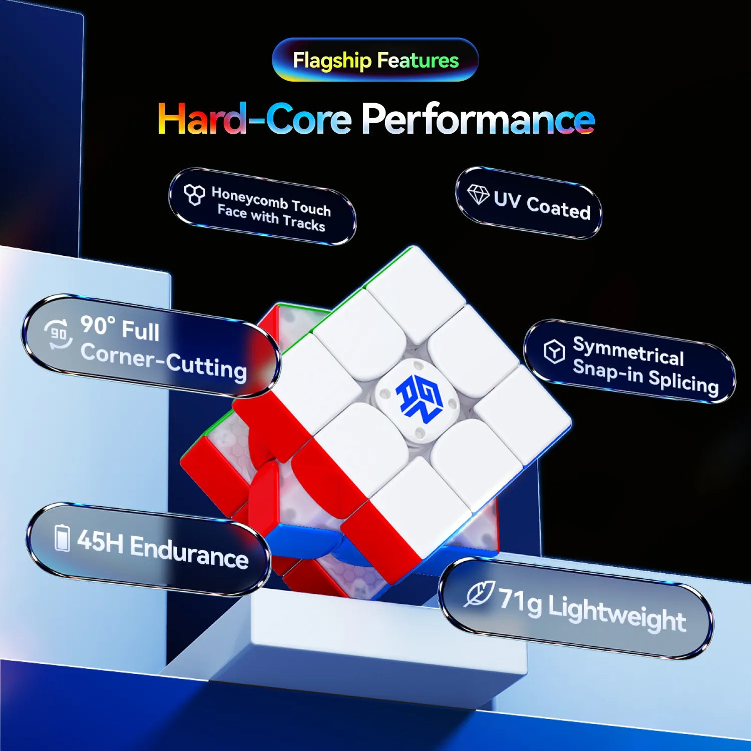 High-performance speed cube with 90° corner-cutting, UV coating, and lightweight 71g design for fast solving