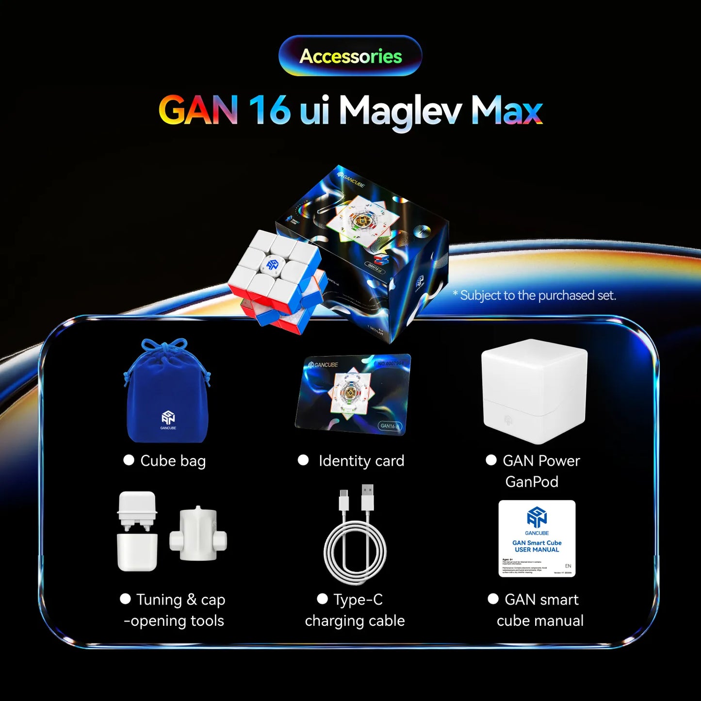 GAN 16 ui Maglev Max smart cube accessories including bag, charger, tools, and manual