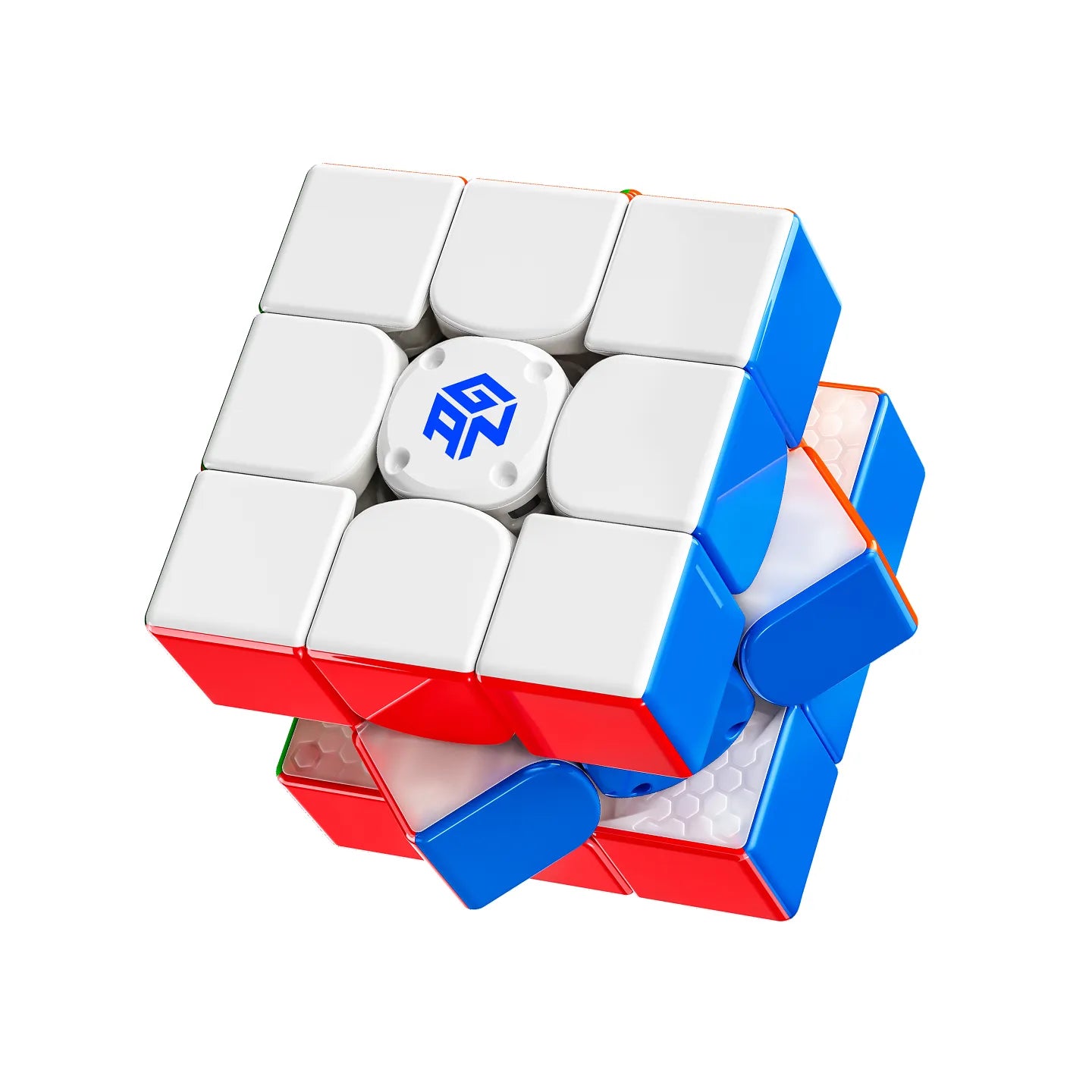 GAN speed cube with blue logo, white, red, and blue colors, partially disassembled showing internal mechanism