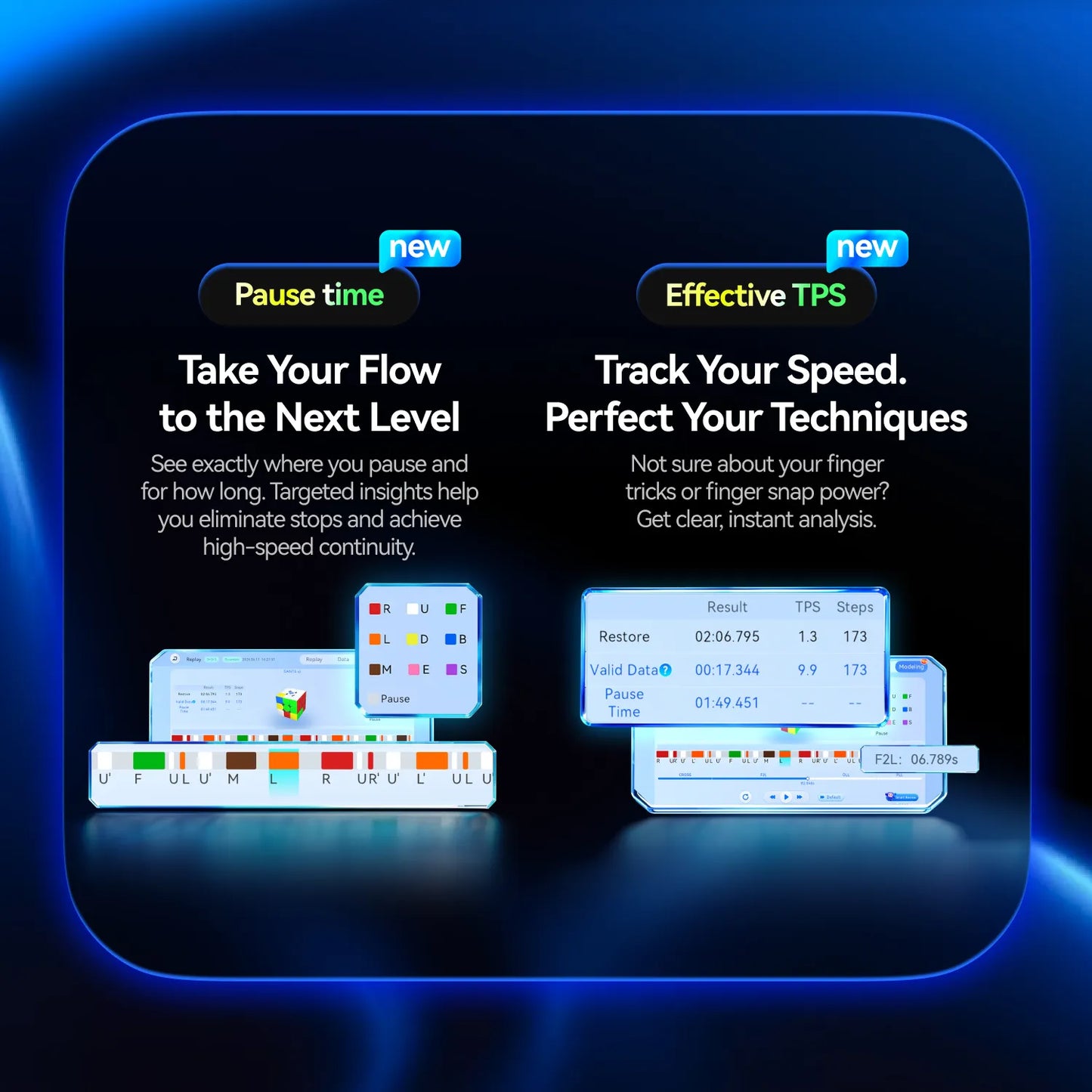 Smart cube analytics dashboard showing pause time and effective TPS tracking for speedcubing performance
