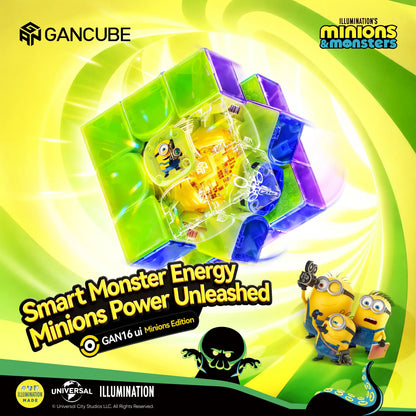 GAN16 ui Minions Edition smart cube with glowing internal mechanism and Minions characters, vibrant yellow-green background