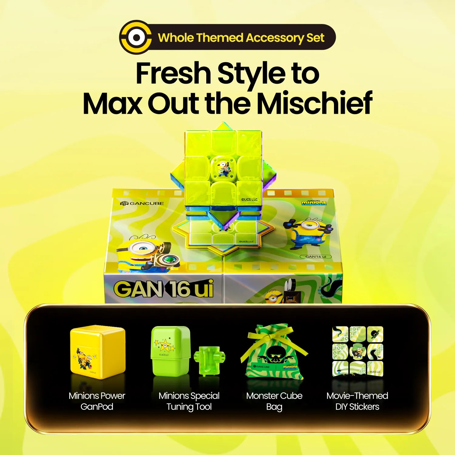Minions-themed GAN 16 ui speed cube with accessory set including GanPod, tuning tool, cube bag, and DIY stickers