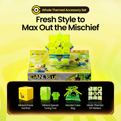 Minions-themed GAN 16 ui speed cube with accessory set including GanPod, tuning tool, cube bag, and DIY stickers