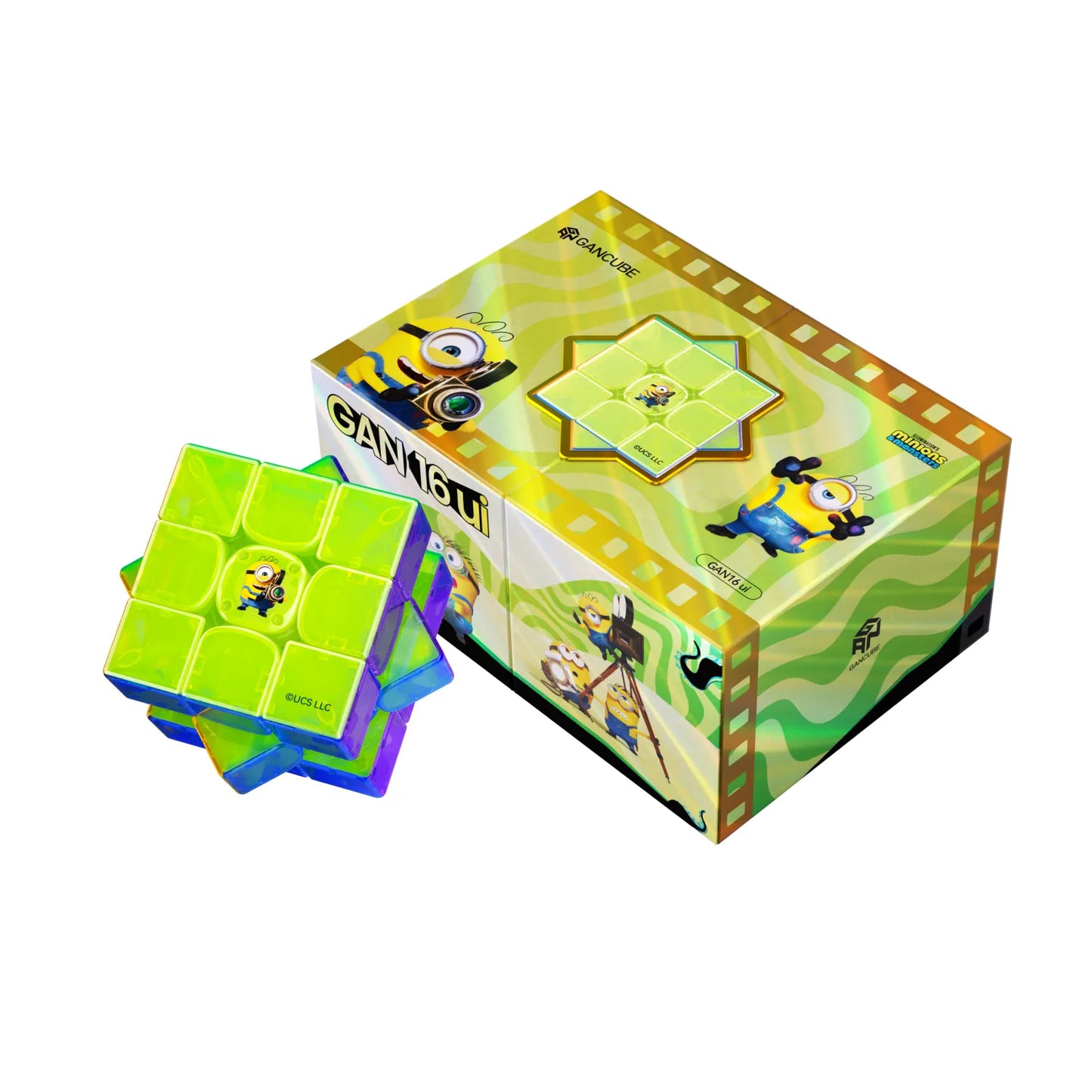 GAN 16 UI Minions edition speed cube with vibrant green and purple colors, shown with its themed packaging.