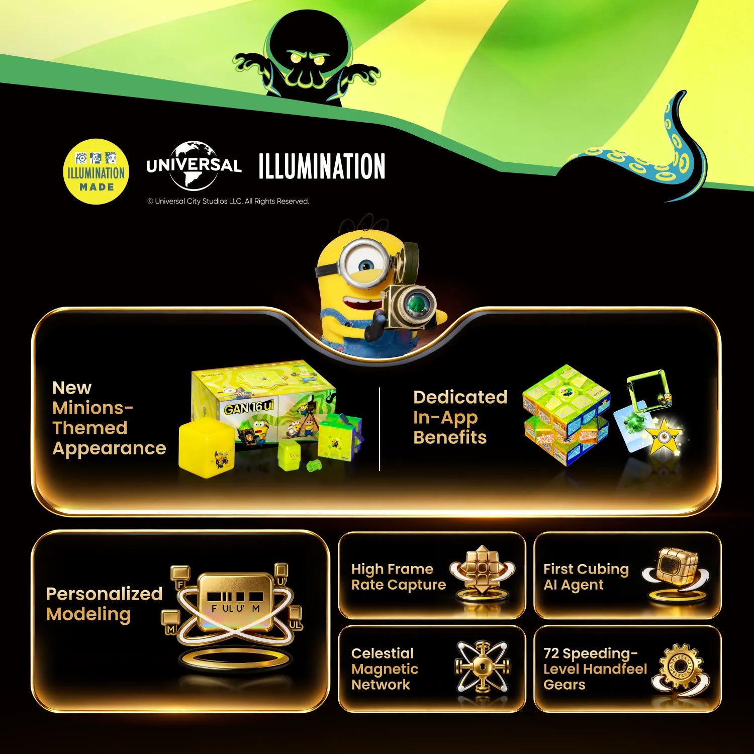 Minions-themed GAN 16UI smart cube with app features, AI agent, and magnetic speedcubing tech