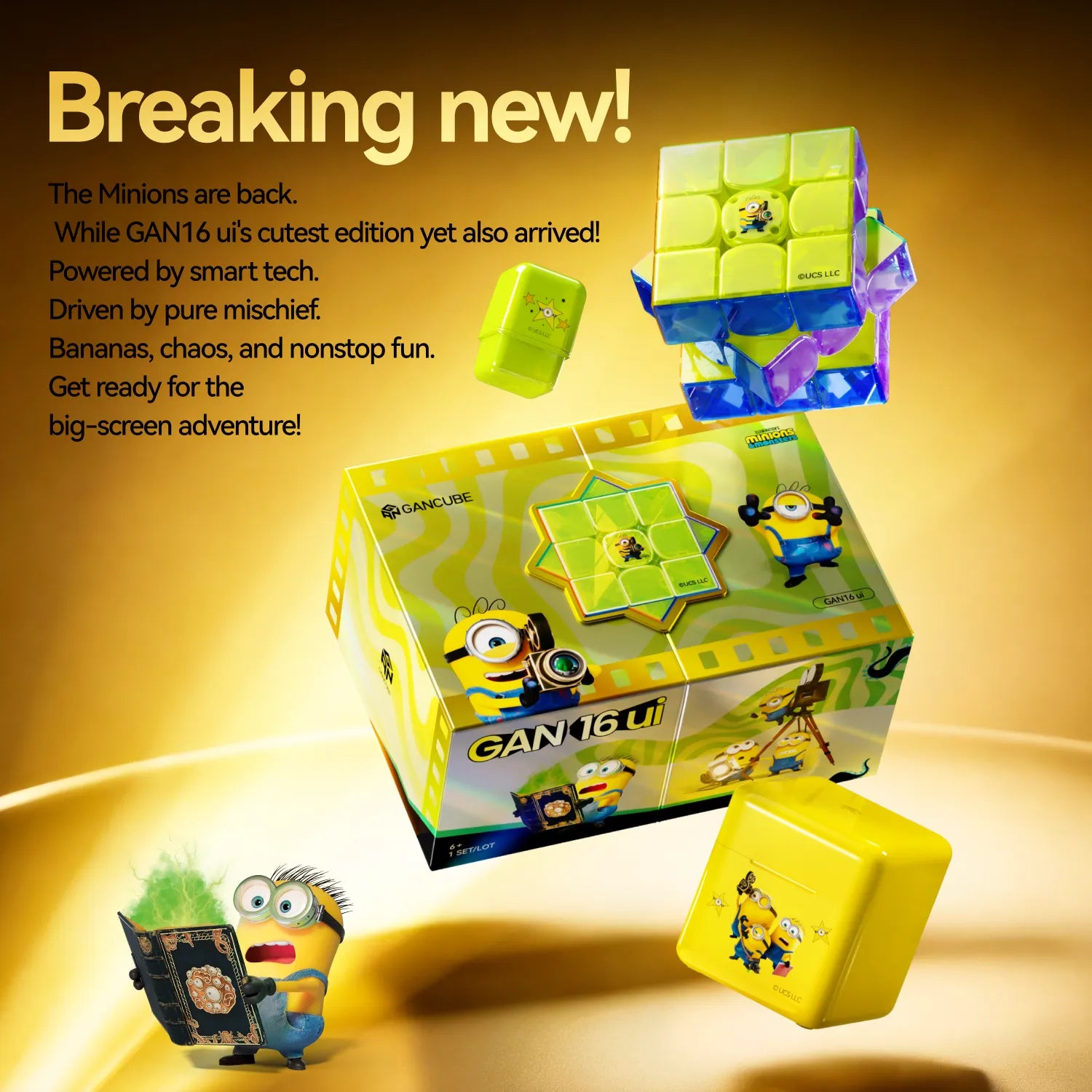 GAN16 ui Minions edition smart speed cube with colorful puzzle design and themed packaging