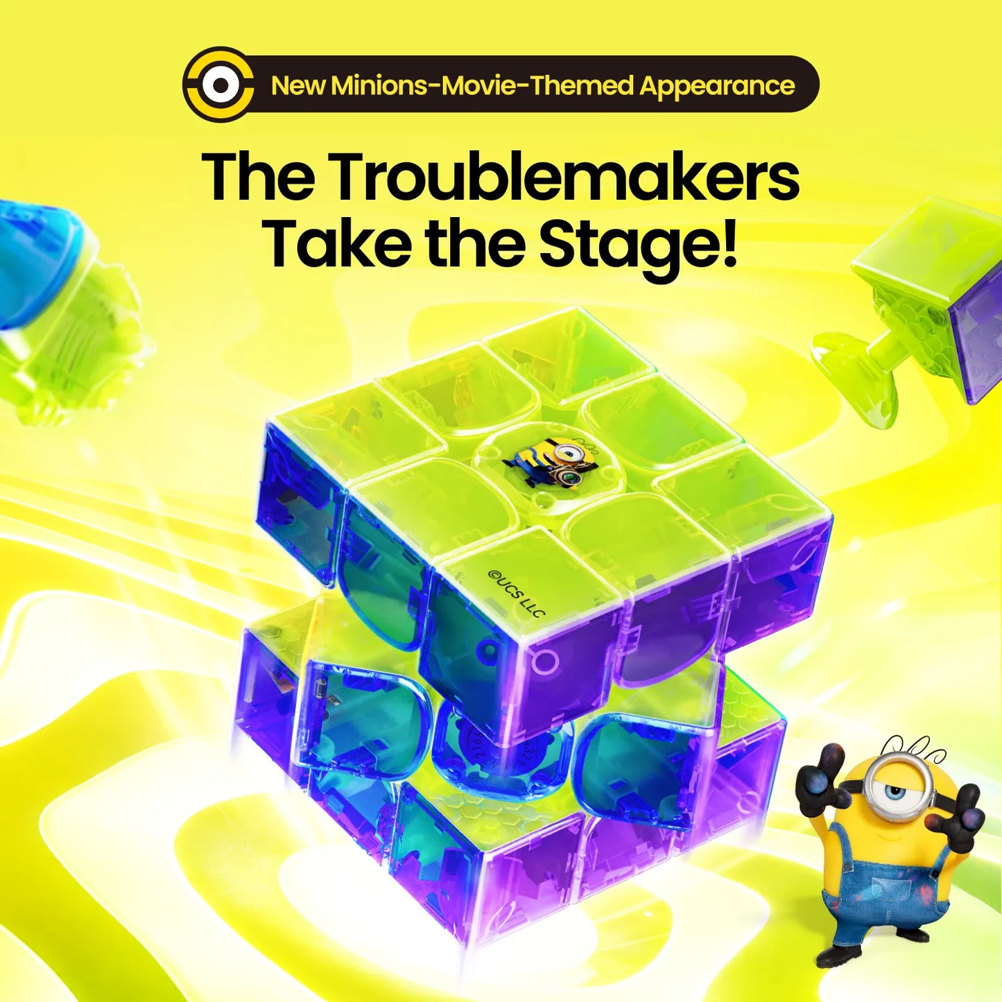 Minions-themed speed cube with vibrant translucent colors and character design, perfect for puzzle lovers.
