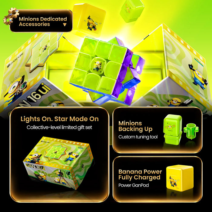 Minions-themed GAN 16ui speed cube with custom tuning tool and Power GanPod charger, limited gift set