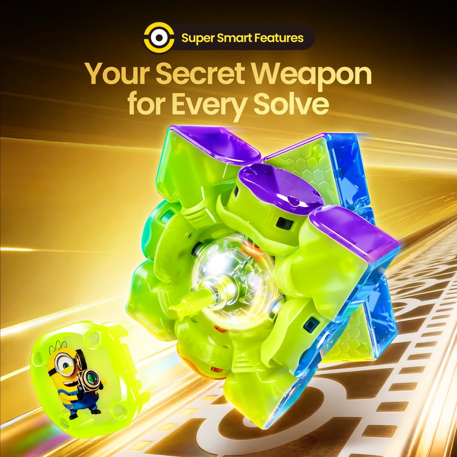 Smart speed cube with glowing core and Minion accessory, featuring super smart features for every solve