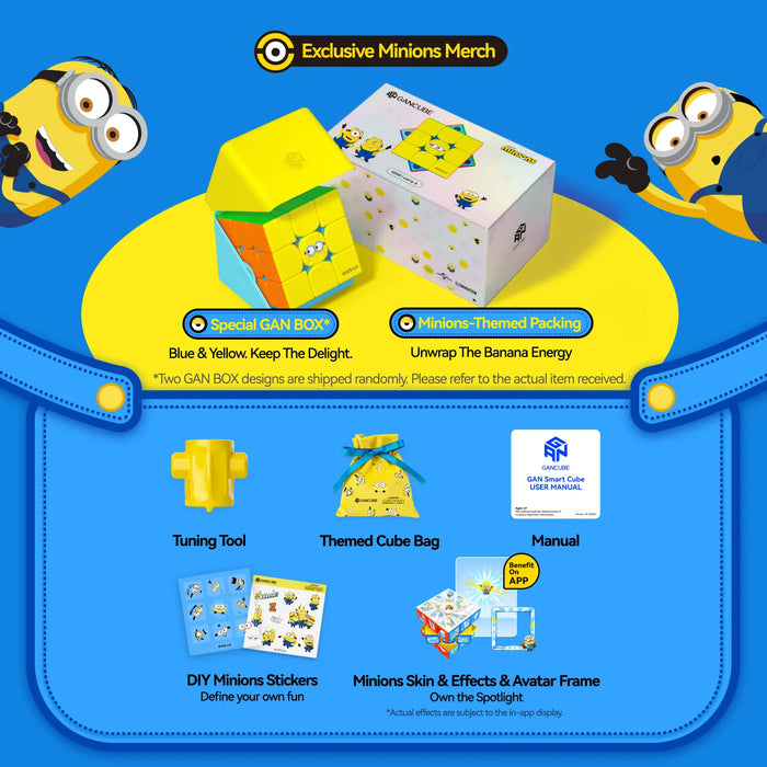 Minions-themed GAN speed cube with exclusive merch, tuning tool, themed bag, stickers, and app effects