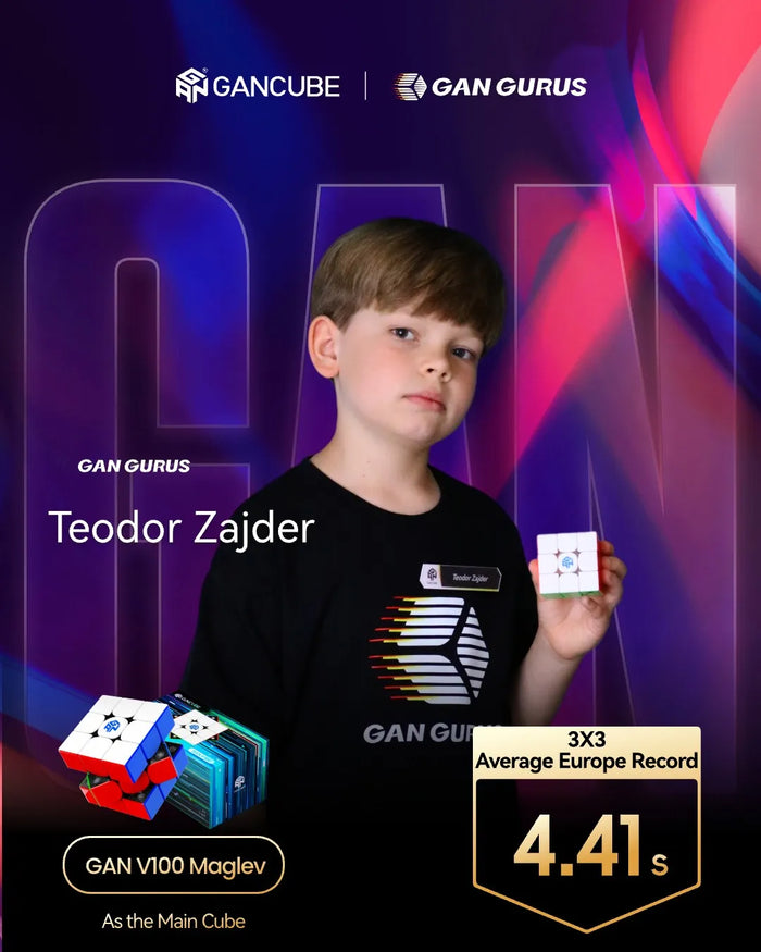 Teodor Zajder holding GAN V100 Maglev speed cube, 3x3 Europe record 4.41s