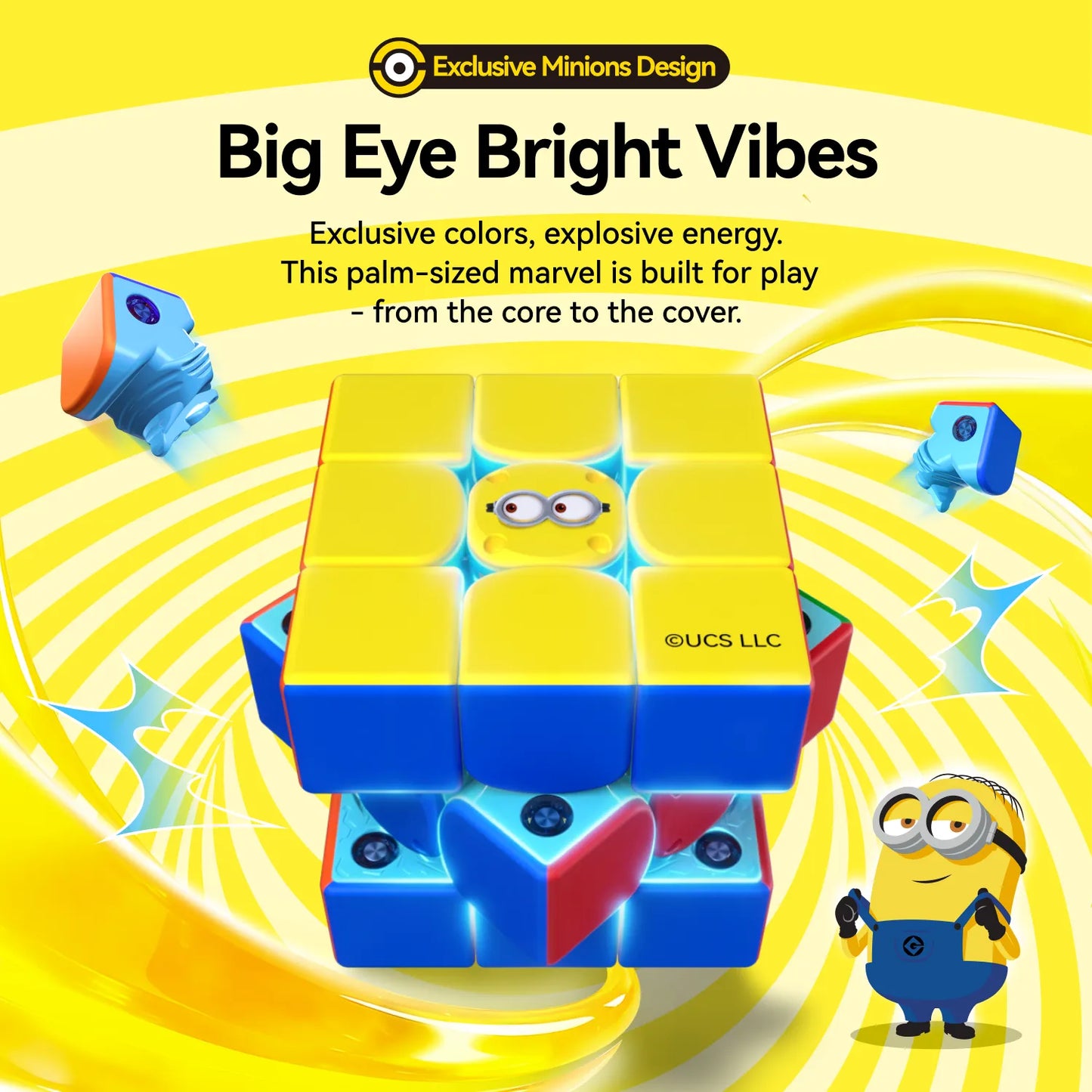 Minions-themed speed cube with big eye design, vibrant yellow and blue colors, palm-sized for play