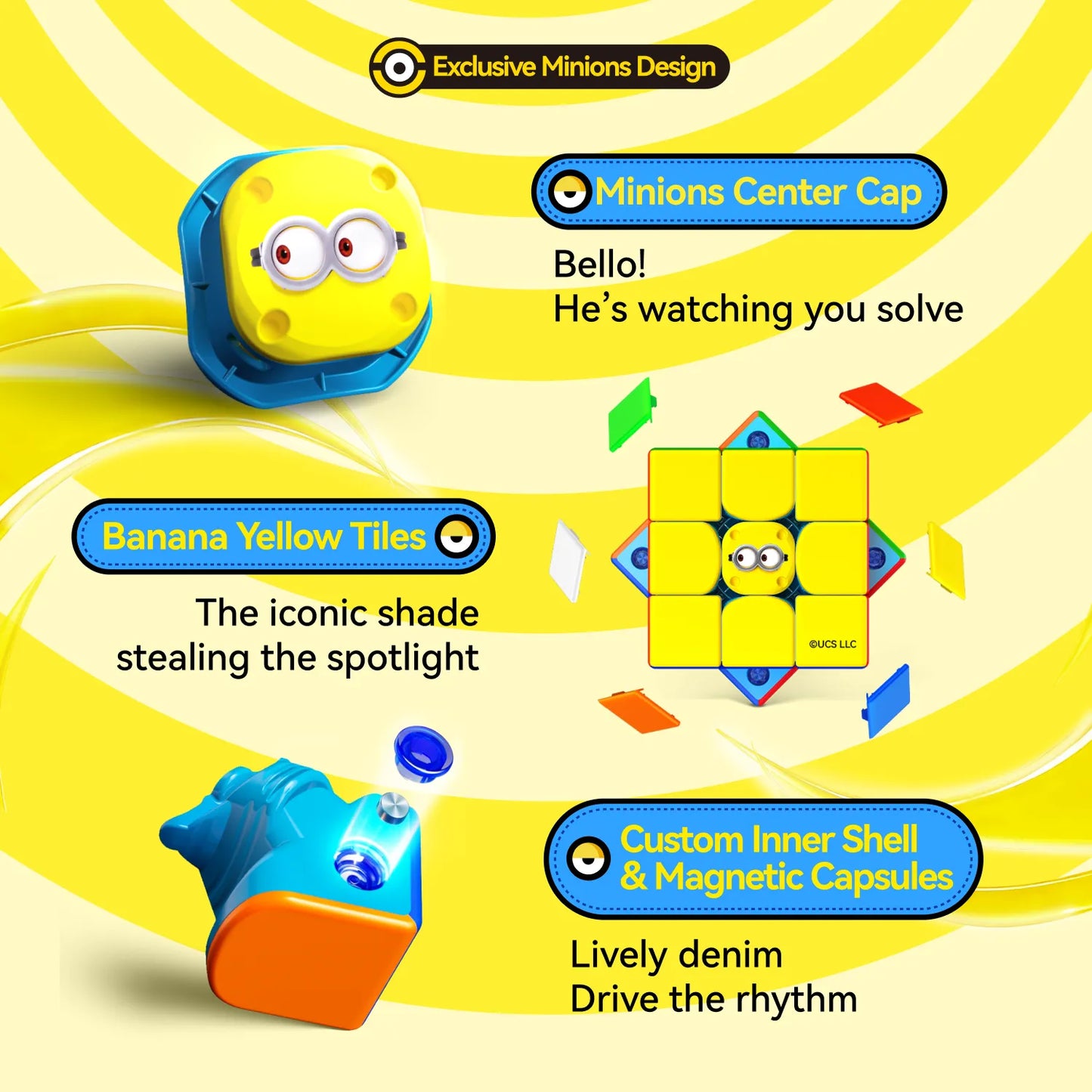 Minions-themed speed cube with banana yellow tiles, custom inner shell, and magnetic capsules for smooth solving