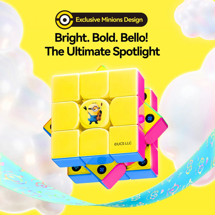 Minions-themed speed cube with bright yellow, pink, and blue colors, featuring a Minion character on the center tile.