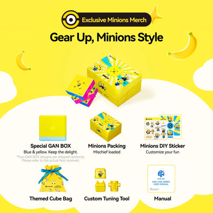 Minions-themed speed cube set with custom stickers, tuning tool, and themed packaging for fun puzzle solving