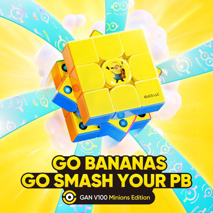 GAN V100 Minions Edition speed cube with yellow Minion design, vibrant colors, and dynamic background
