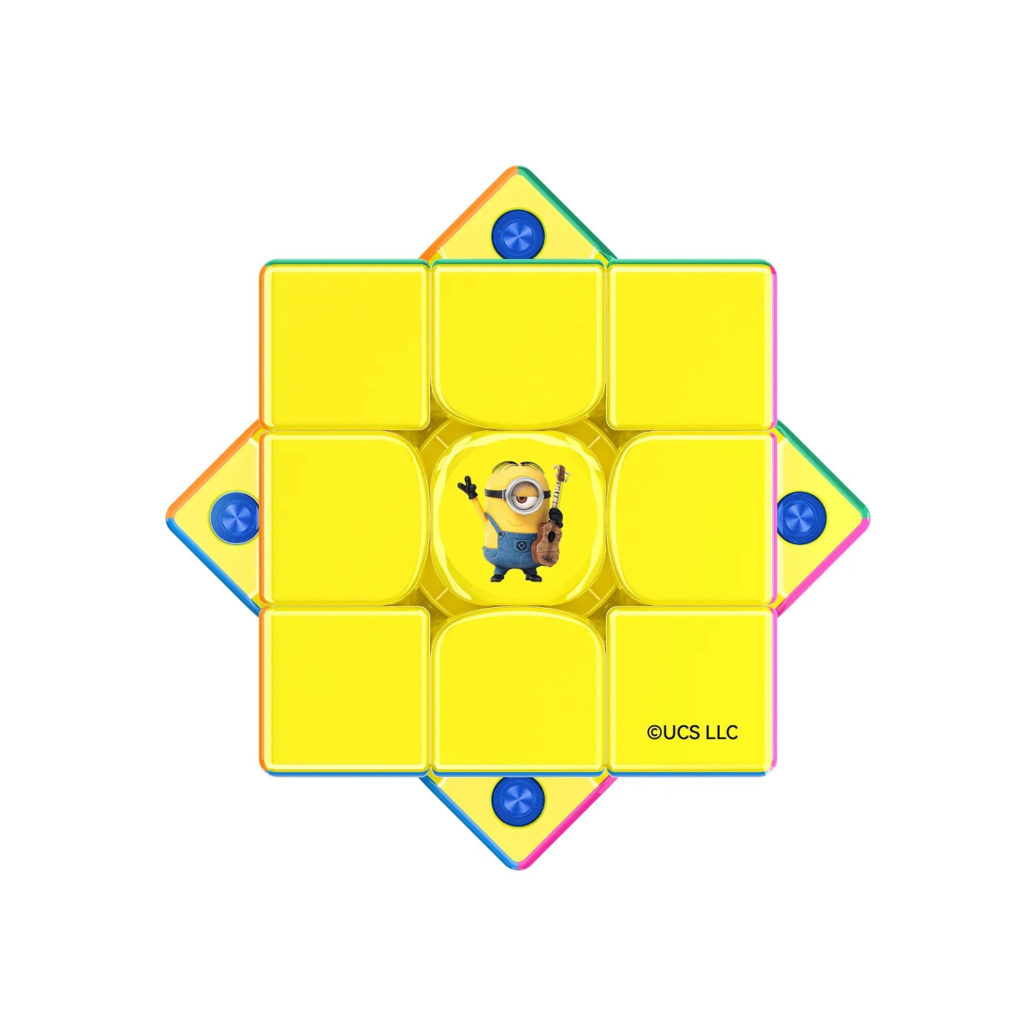 Yellow Minion-themed speed cube with colorful edges and central character graphic