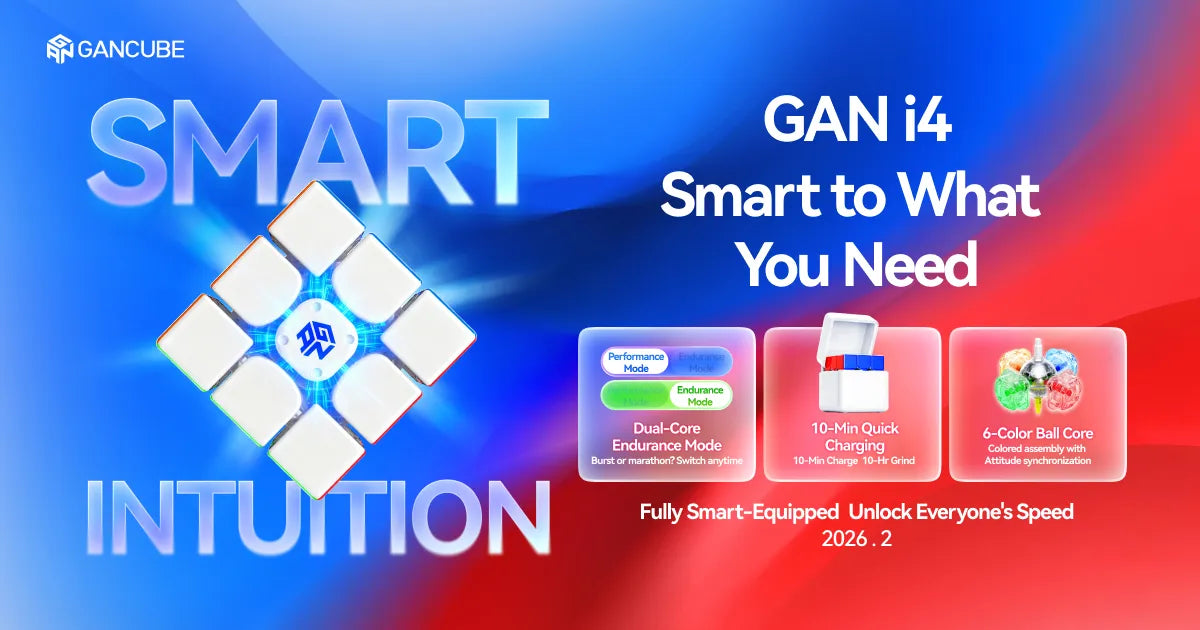 Promotional graphic for GANCube GAN i4 with text and icons on a blue and red gradient background.