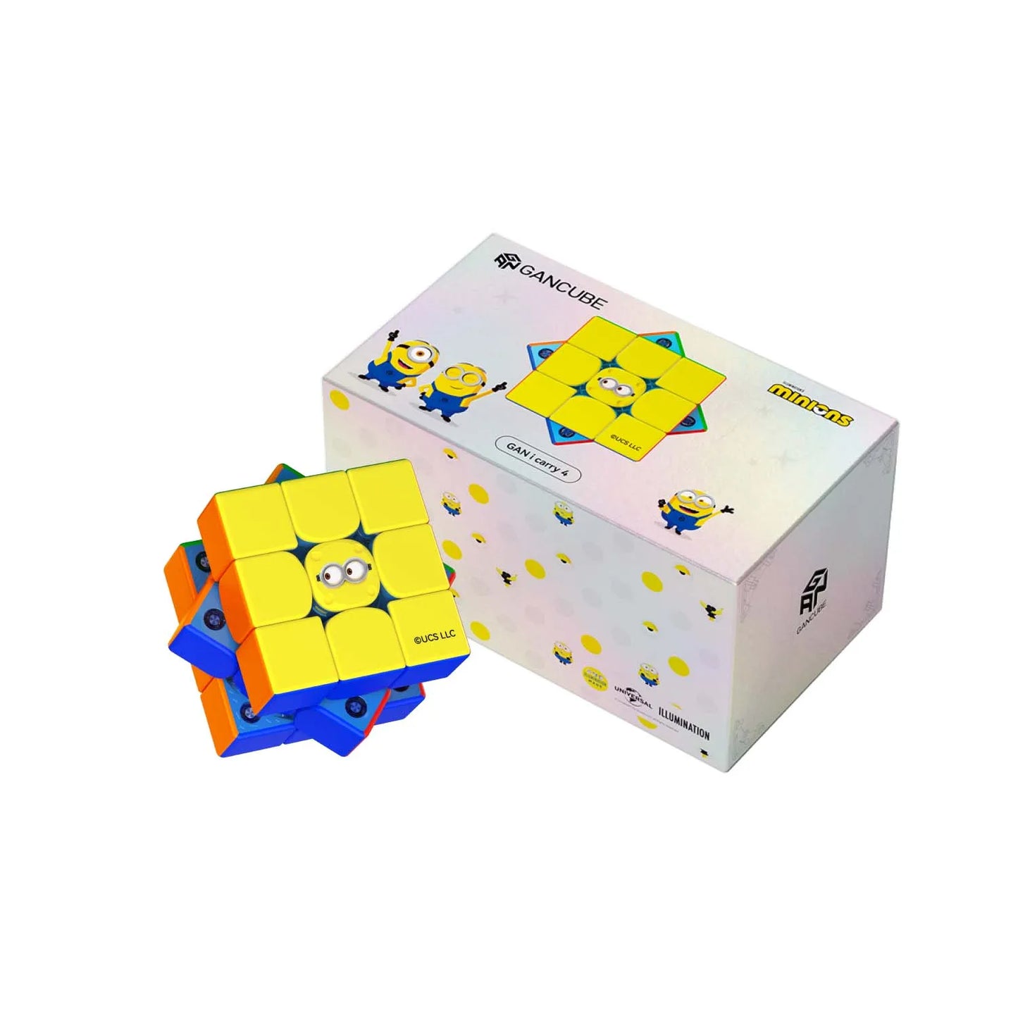 Minions-themed speed cube with GAN i carry 4 packaging, featuring yellow, blue, and orange colors