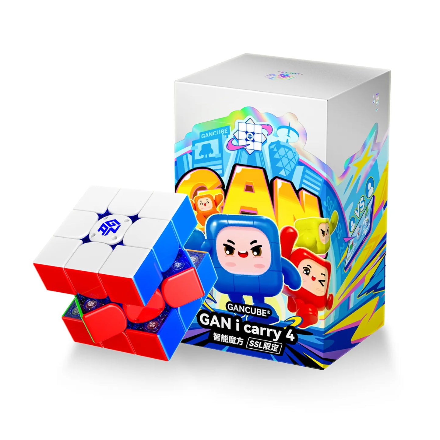 GAN i carry 4 smart cube with colorful packaging and cartoon characters