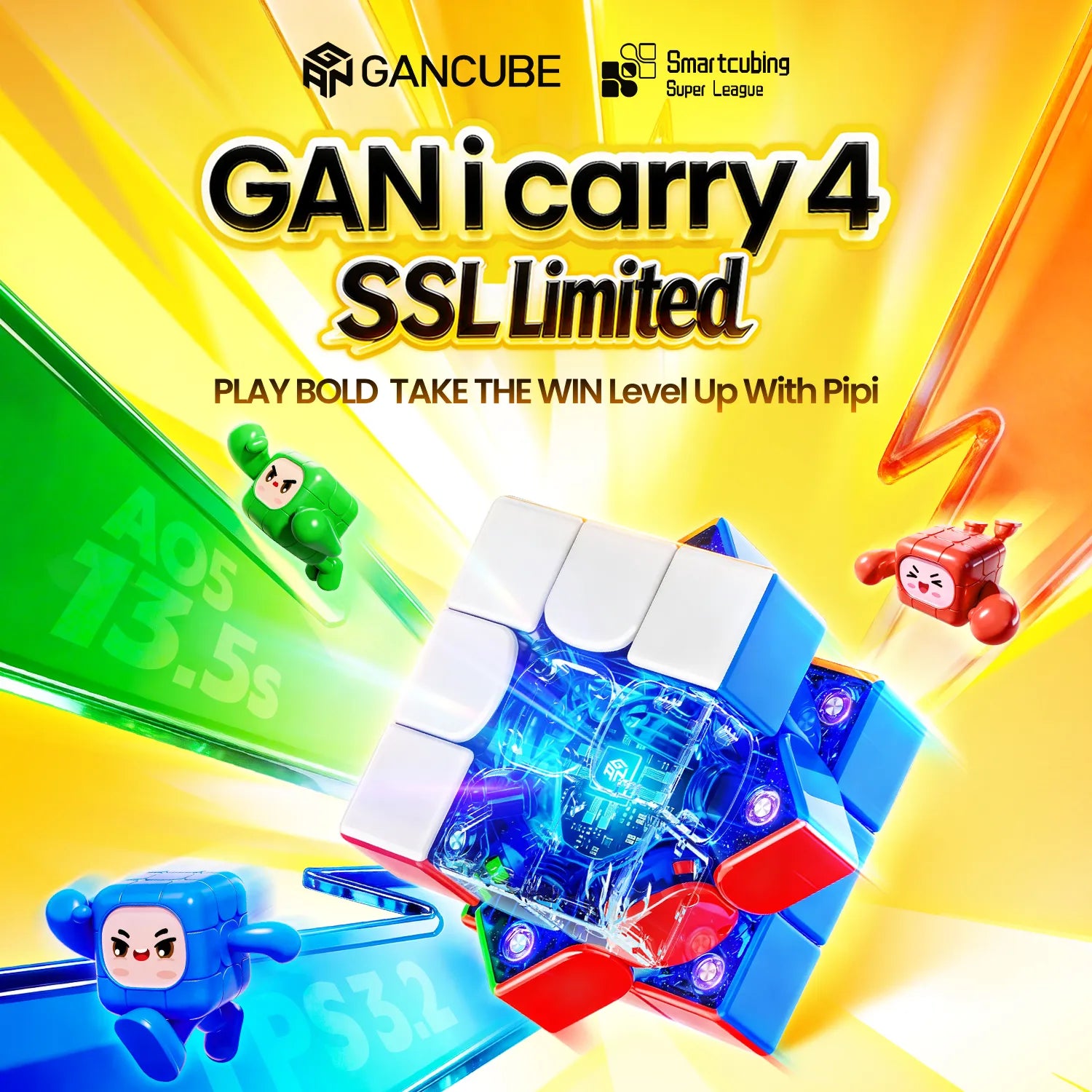 GAN i carry 4 SSL Limited smart cube with Pipi characters, vibrant colors, and speed stats on dynamic yellow background