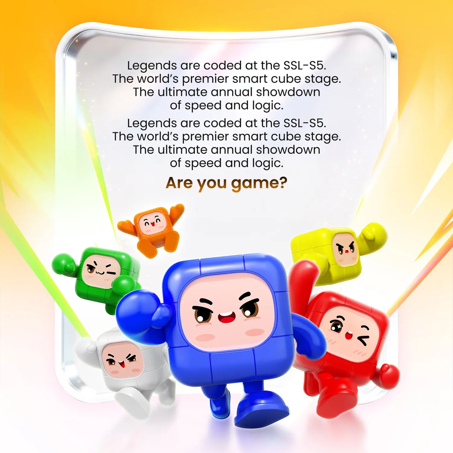 Colorful smart cube characters in action, promoting SSL-S5 speed and logic showdown