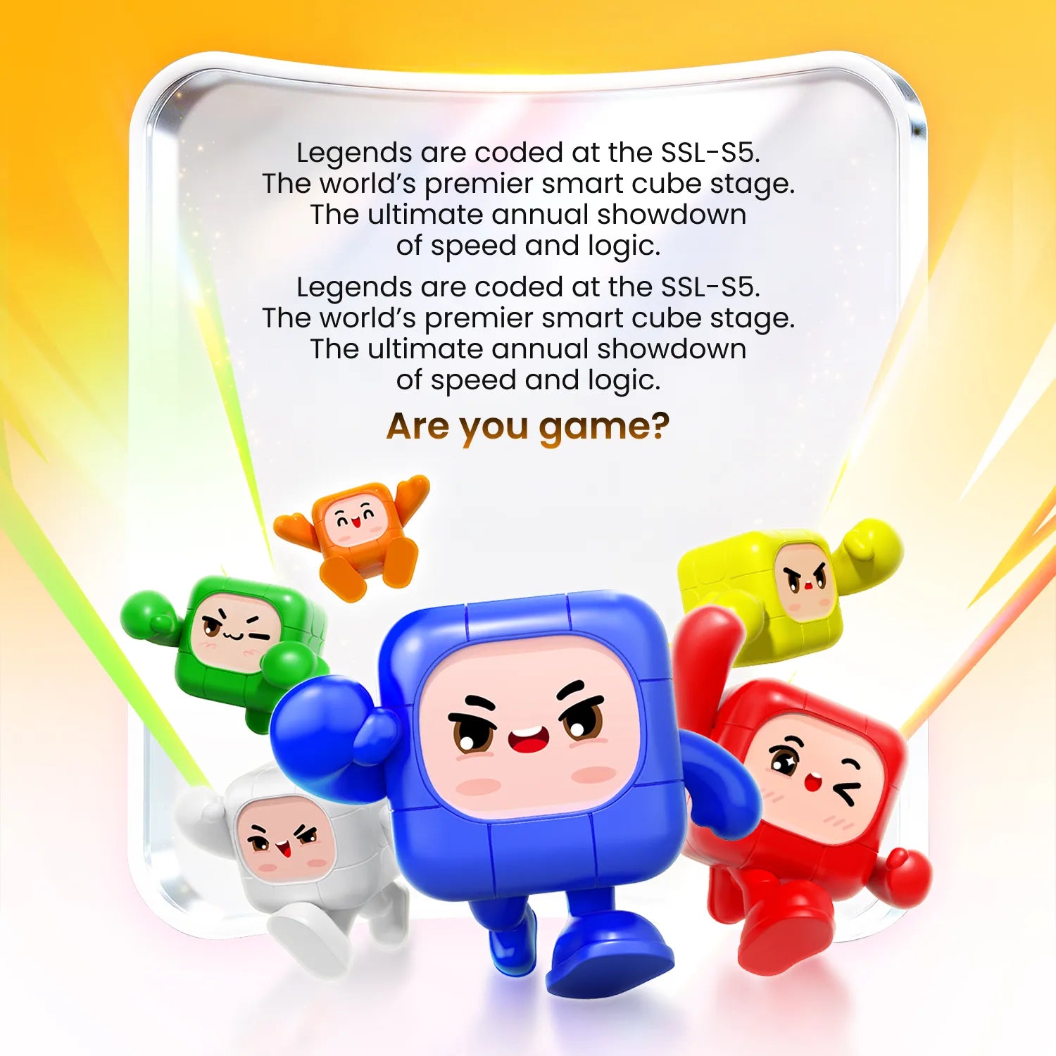 Colorful smart cube characters in action, promoting SSL-S5 speed and logic showdown