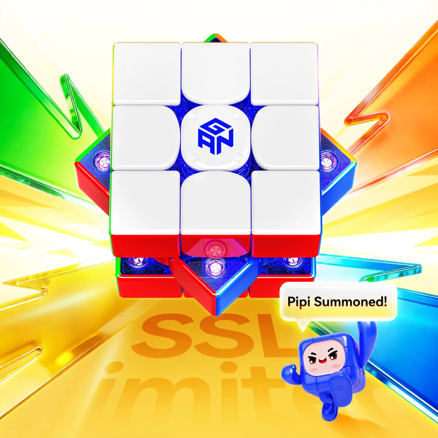 GAN smart speed cube with glowing blue core, colorful dynamic background, and Pipi character saying 'Pipi Summoned!'