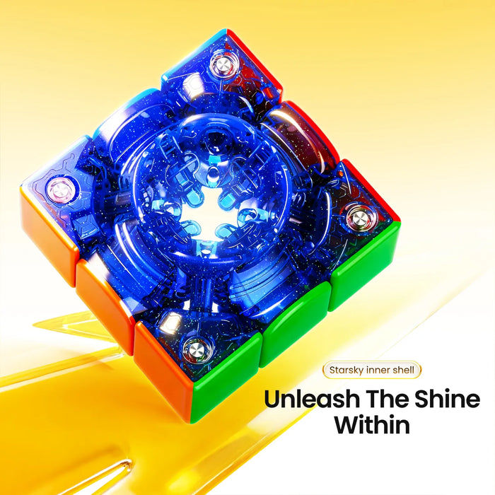 Transparent blue speed cube with starsky inner shell, colorful edges, and magnetic mechanism for smooth solving.