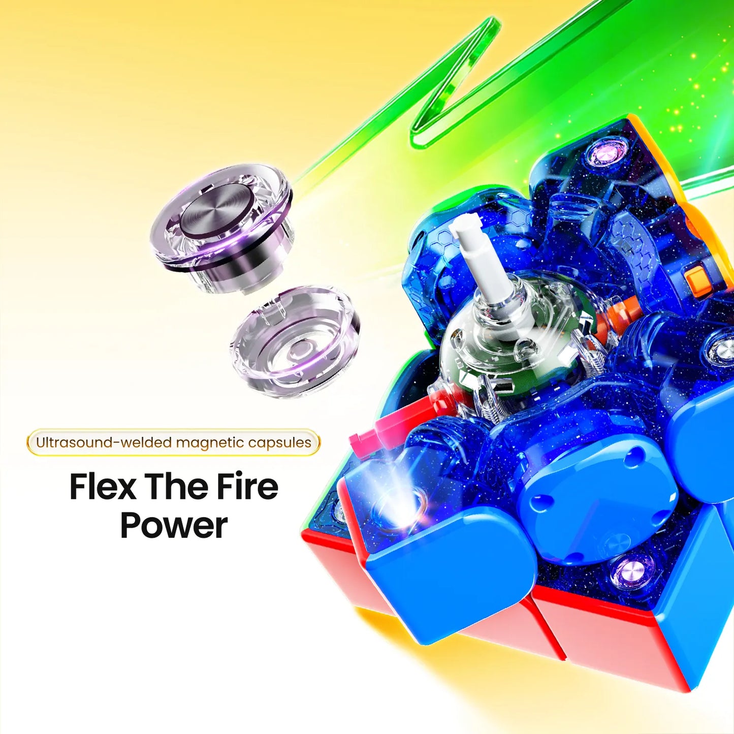 Transparent blue speed cube with magnetic capsules, showcasing internal mechanism and vibrant colors